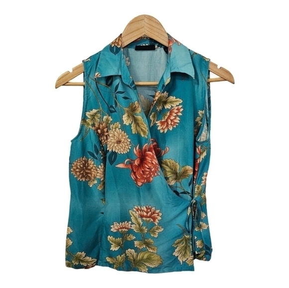 Silk floral teal wrap sleeveless collard top size small - Picture 1 of 11